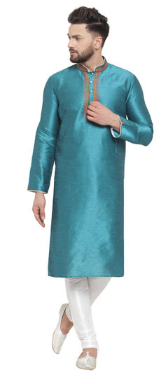 Blue color Kurta Pyjamas in Dupion Silk fabric with Embroidered, Thread work