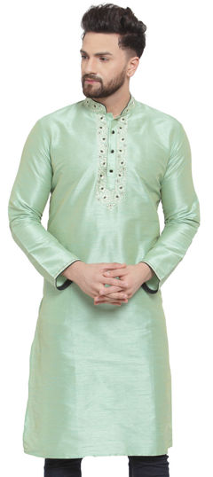 Green color Kurta in Dupion Silk fabric with Embroidered, Thread work