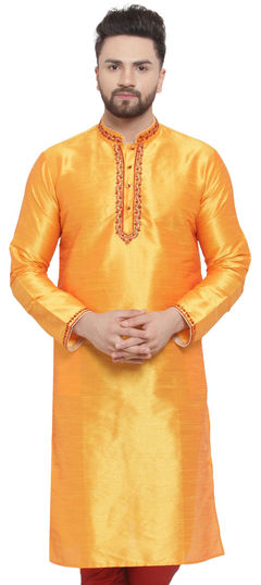 Yellow color Kurta in Dupion Silk fabric with Embroidered, Thread work