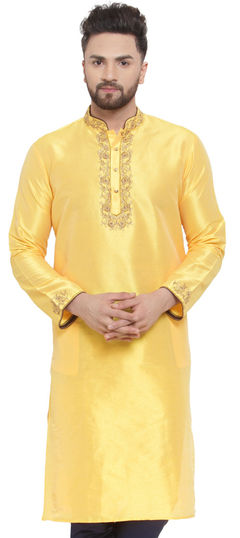 Yellow color Kurta in Dupion Silk fabric with Embroidered, Thread work