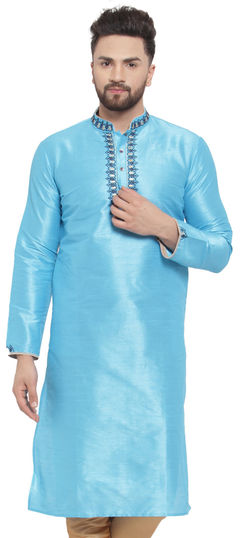 Blue color Kurta in Dupion Silk fabric with Embroidered, Thread work