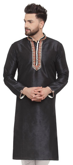 Black and Grey color Kurta in Dupion Silk fabric with Embroidered, Thread work