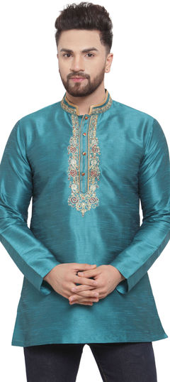 Blue color Kurta in Dupion Silk fabric with Embroidered, Thread work