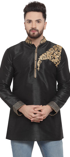 Black and Grey color Kurta in Dupion Silk fabric with Embroidered, Thread work