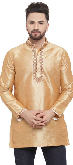 Gold color Kurta in Dupion Silk fabric with Embroidered, Thread work