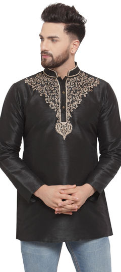 Black and Grey color Kurta in Dupion Silk fabric with Embroidered, Thread work