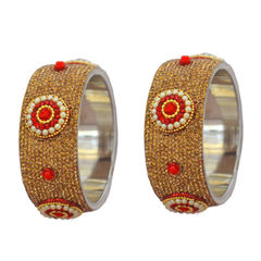 Gold Rodium Polish Red and Maroon color Bangles in Brass studded with CZ Diamond, Pearl