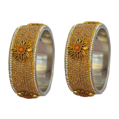 Gold Rodium Polish Gold color Bangles in Brass studded with CZ Diamond, Kundan