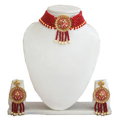 Gold Rodium Polish Red and Maroon color Necklace in Copper studded with Kundan