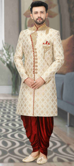 Beige and Brown color Dhoti Sherwani in Brocade, Dupion Silk fabric with Patch, Stone, Thread, Zardozi work : 1644764