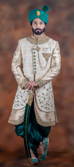 White and Off White color IndoWestern Dress in Jacquard fabric with Bugle Beads, Patch, Stone, Thread work