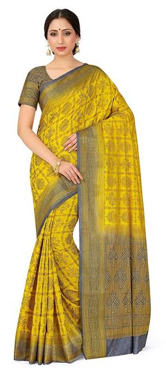 Yellow color Saree in Patola Silk, Silk fabric with Weaving work