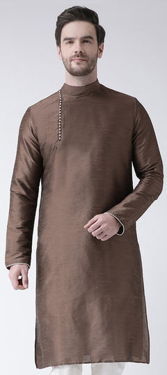 Beige and Brown color Kurta in Dupion Silk fabric with Thread work