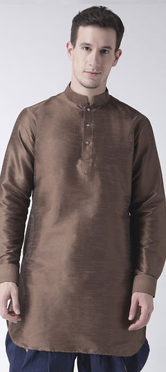 Beige and Brown color Kurta in Dupion Silk fabric with Thread work