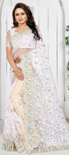 White and Off White color Saree in Net fabric with Embroidered, Moti, Stone, Thread work