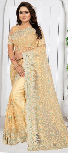 Beige and Brown color Saree in Net fabric with Embroidered, Moti, Resham, Thread work