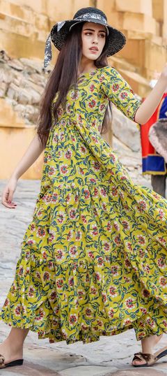 Yellow color Gown in Muslin fabric with Digital Print work
