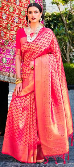 Pink and Majenta color Saree in Art Silk, Silk fabric with Weaving work