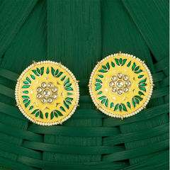 Gold Rodium Polish Green, Yellow color Earrings in Brass studded with Kundan