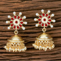 Gold Rodium Polish Red and Maroon color Earrings in Brass studded with Kundan, Pearl