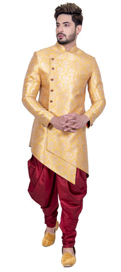 Yellow color IndoWestern Dress in Brocade fabric with Weaving work