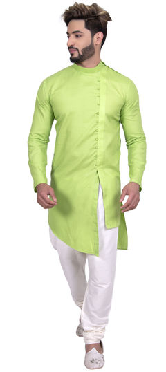 Green color IndoWestern Dress in Cotton fabric with Thread work