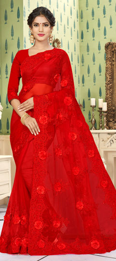 Festive, Reception Red and Maroon color Saree in Net fabric with Classic Embroidered, Resham, Stone, Thread work : 1648582