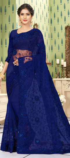 Blue color Saree in Net fabric with Embroidered, Resham, Stone, Thread work