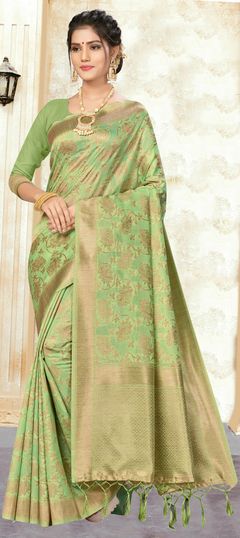 Green color Saree in Art Silk, Silk fabric with Weaving work