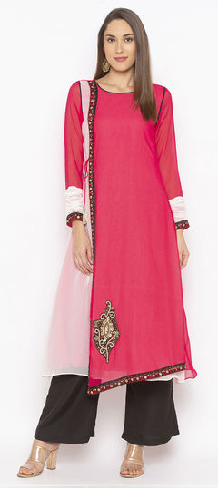 Pink and Majenta color Tunic with Bottom in Georgette fabric with Embroidered, Thread work