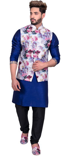 Blue color Kurta Pyjama with Jacket in Art Silk fabric with Floral, Printed work