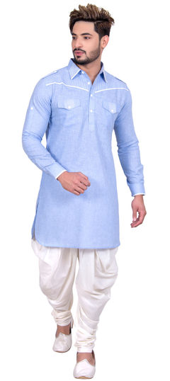 Blue color Pathani Suit in Blended Cotton fabric with Thread work