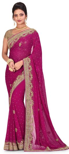 Pink and Majenta color Saree in Kanchipuram Silk, Silk fabric with Stone work