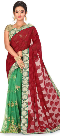 Green, Red and Maroon color Saree in Jacquard, Net fabric with Border, Embroidered, Stone, Zircon work