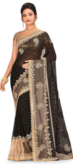 Black and Grey color Saree in Jacquard, Net fabric with Stone work