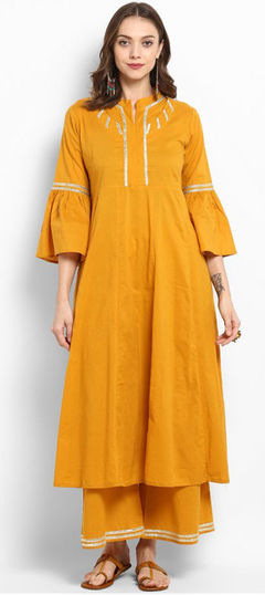 Yellow color Tunic with Bottom in Rayon fabric with Gota Patti work