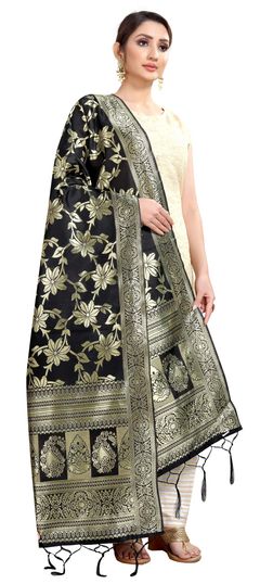 Black and Grey color Dupatta in Banarasi Silk fabric with Weaving work