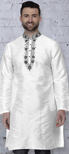 White and Off White color Kurta in Dupion Silk fabric with Embroidered, Thread work