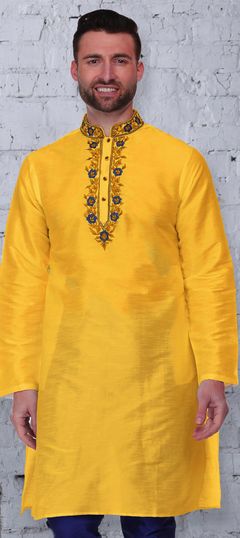 Yellow color Kurta in Dupion Silk fabric with Embroidered, Thread work