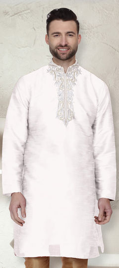 White and Off White color Kurta in Dupion Silk fabric with Embroidered, Thread work