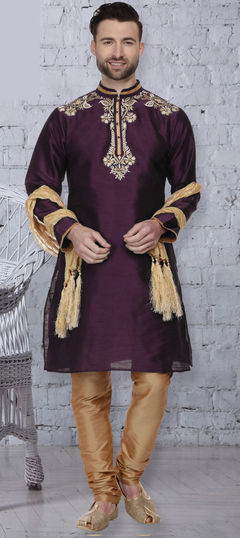 Purple and Violet color Kurta Pyjamas in Dupion Silk fabric with Embroidered, Thread work