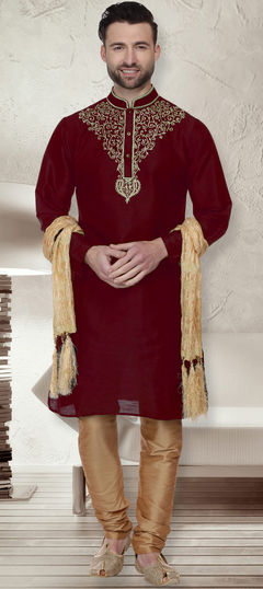 Red and Maroon color Kurta Pyjamas in Dupion Silk fabric with Embroidered, Thread work