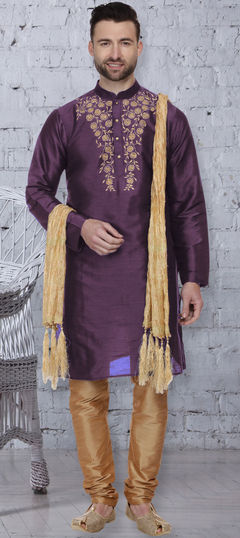 Purple and Violet color Kurta Pyjamas in Dupion Silk fabric with Embroidered, Thread work