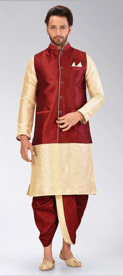 Beige and Brown color Kurta Pyjama with Jacket in Art Dupion Silk fabric with Thread work