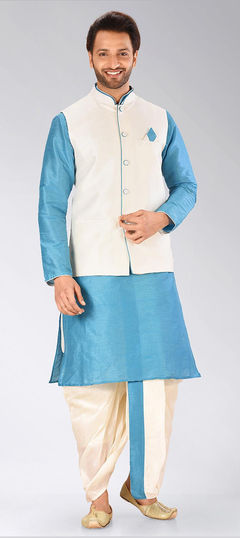 Blue color Kurta Pyjama with Jacket in Art Dupion Silk fabric with Thread work