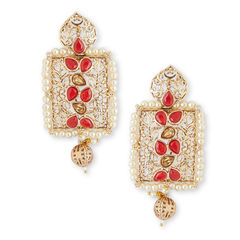 Gold Rodium Polish Red and Maroon color Earrings in Metal Alloy studded with CZ Diamond, Pearl