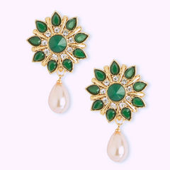 Gold Rodium Polish Green color Earrings in Metal Alloy studded with CZ Diamond, Pearl