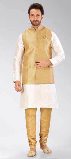 White and Off White color Kurta Pyjama with Jacket in Art Dupion Silk fabric with Thread work