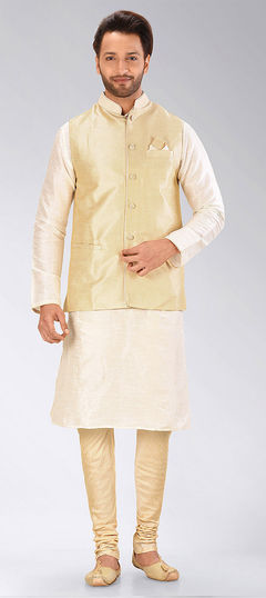 Beige and Brown color Kurta Pyjama with Jacket in Art Dupion Silk fabric with Thread work