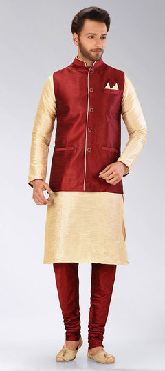 Beige and Brown color Kurta Pyjama with Jacket in Art Dupion Silk fabric with Thread work